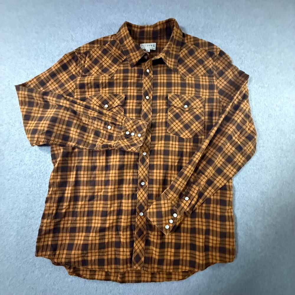 Tecovas Mens Western Pearl Snap Shirt Large Brown Tan Plaid Flannel Long Sleeve